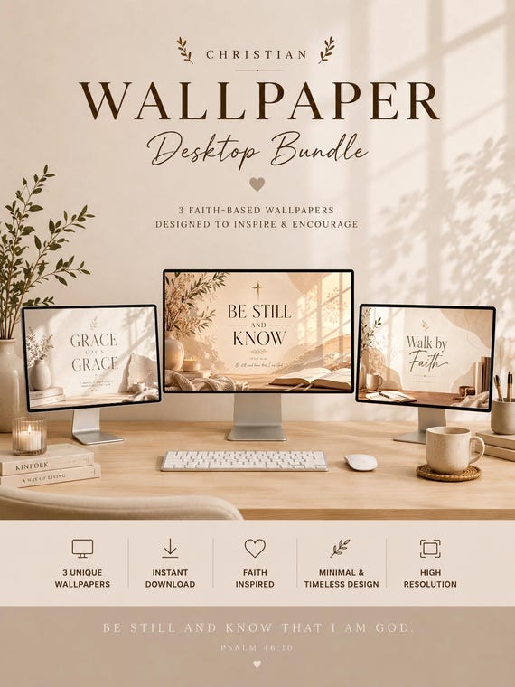 Christliches Desktop-Hintergrundbild-Paket | Minimalistische Wallpaper | Gemütliche, neutrale christliche Laptop-Hintergrundbilder, 3er-Pack