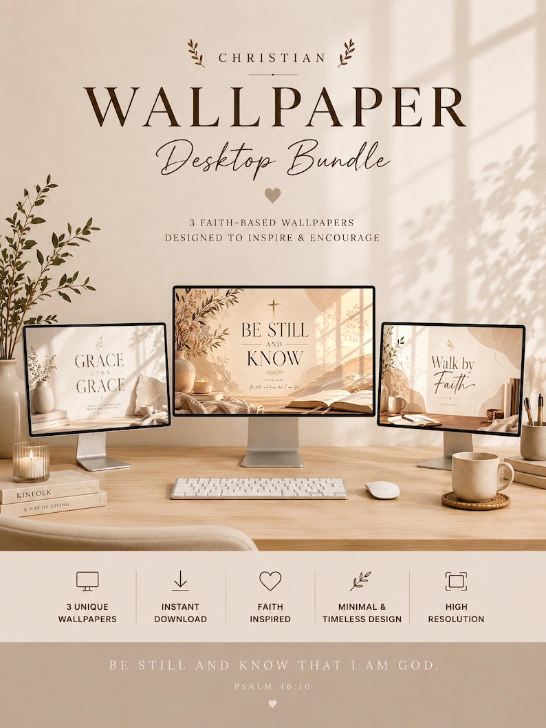 K&ouml;nnte beinhalten: Ein Desktop-Wallpaper-Bundle mit drei Glaubensmotiven. Das Bild zeigt drei Computermonitore mit verschiedenen Designs, zusammen mit einer Tastatur, einer Maus und einer Kaffeetasse. Der Text enth&auml;lt "Be Still and Know That I Am God."