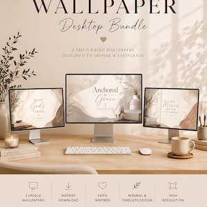 May include: A digital desktop wallpaper bundle featuring three faith-based designs displayed on computer monitors. The screens show text including Trust God's Timing, Anchored in Grace, and His Mercies Are New Every Morning, with abstract beige and brown shapes.
