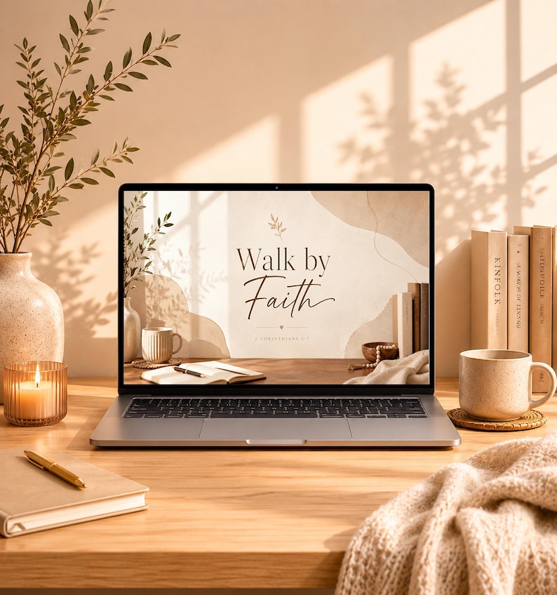 K&ouml;nnte beinhalten: Ein Laptop zeigt die Worte "Walk by Faith" auf seinem Bildschirm, mit einem neutralen Hintergrund. Eine brennende Kerze, eine Tasse, B&uuml;cher und ein Notizbuch mit einem Stift befinden sich auf einem Holztisch. Eine Vase mit Gr&uuml;nzeug ist im Hintergrund.