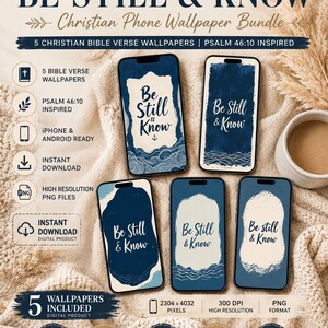 Könnte beinhalten: Ein digitales Set aus fünf Handy-Hintergrundbildern mit dem Text Be Still & Know, inspiriert von Psalm 46:10. Die Designs zeigen marineblaue und cremefarbene Paletten mit Wellenillustrationen, dargestellt auf fünf Smartphone-Bildschirmen.