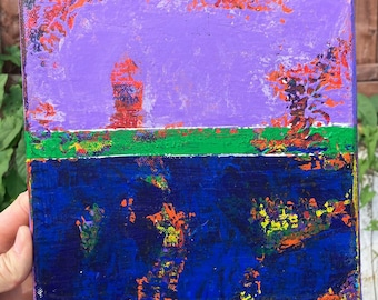 May include: Abstract painting on canvas featuring a purple, green and blue colour scheme. The painting is divided into three sections, with the top section being purple, the middle section being green, and the bottom section being blue. The painting has a textured surface and is full of vibrant colours.