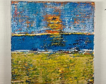 May include: Abstract painting with a blue, yellow and orange colour scheme. The painting is divided into three horizontal sections, with the top section being blue, the middle section being yellow and the bottom section being orange. The painting has a textured surface.