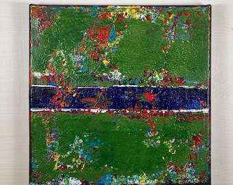 Pode incluir: Pintura abstrata em tela com fundo verde, uma faixa azul e respingos de tinta vermelha, amarela e branca.