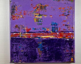 May include: Abstract painting on canvas with purple, red, yellow, and blue colors. The painting has a textured surface and a horizontal line dividing the canvas into two sections.