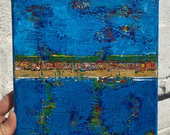 May include: Abstract painting on canvas with a blue background, a thin brown line, and a green and red line. The painting has a textured surface.