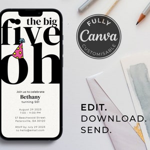50th Birthday Party Invite Template | &#39;The Big Five Oh&#39; | Bold | Fun | Digital Party Invite | Editable | Animated| Digital Download