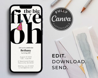 50th Birthday Party Invite Template | &#39;The Big Five Oh&#39; | Bold | Fun | Digital Party Invite | Editable | Animated| Digital Download
