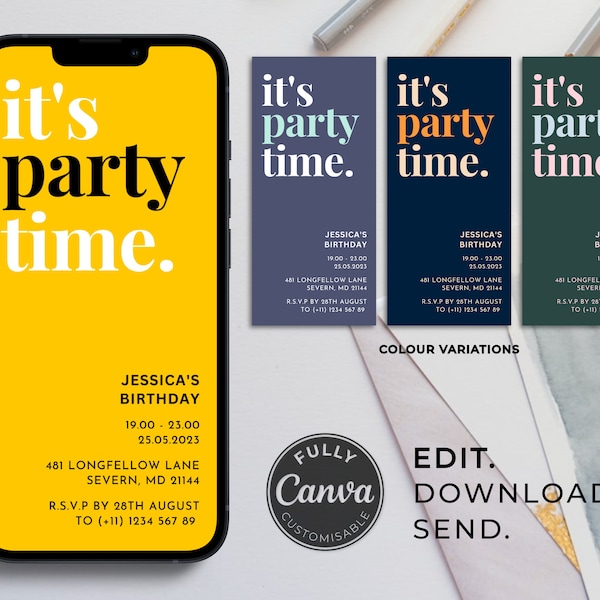 Invitation fête numérique colorée moderne audacieuse | « C'est la fête » | Faire-part numérique | Modifiable | Téléchargement numérique