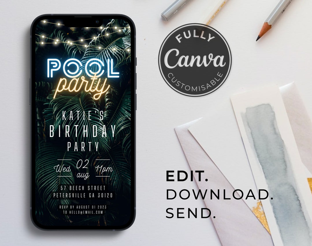 Garden Pool Party Invitation Template | Botanical | Festoon Lights ...