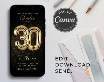 Gold Balloons 30th Birthday Party Invitation Template | Modern | Bold | Digital Party Invite | Editable | Animated | Digital Download