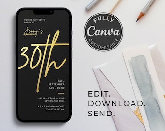 Black and Gold 30th Birthday Party Invitation Template | Modern | Bold | Digital Party Invite | Editable | Animated | Digital Download