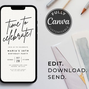 Black and White Party Invitation Template | Digital Party Invite | &#39;Time to Celebrate&#39; | Editable | Animated | Digital Download