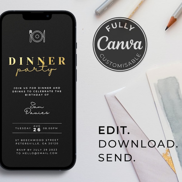 Black and Gold Foil Dinner Party Invitation Template | Black and White | Digital Party invite | Editable | Animated | Digital Download