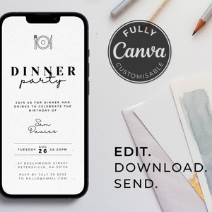 Modèle d'invitation à un dîner contemporain | Noir et blanc | Invitation à la fête numérique | Modifiable | Animé | Téléchargement numérique