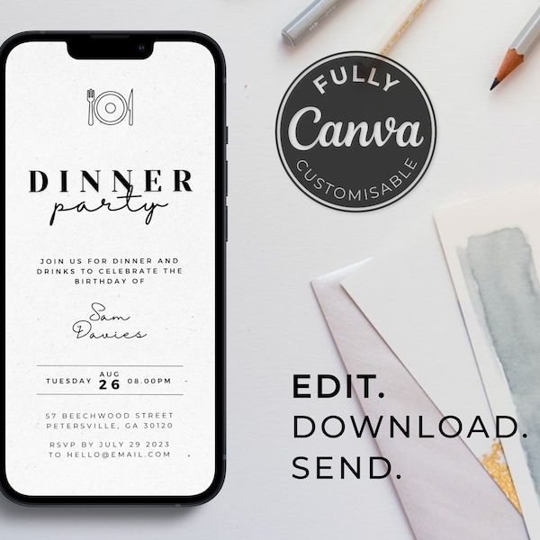 Contemporary Dinner Party Invitation Template | Black and White | Digital Party invite | Editable | Animated | Digital Download