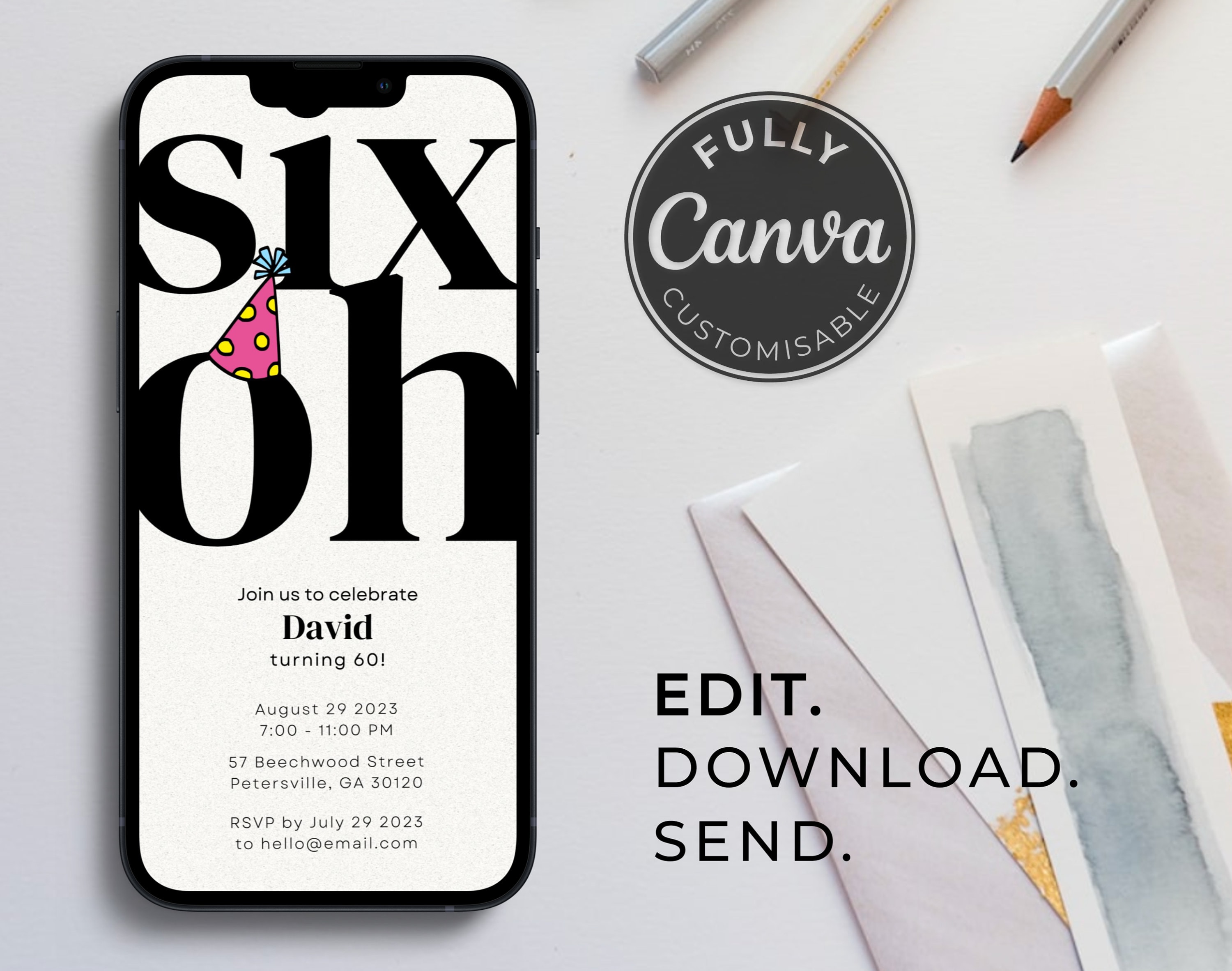 60th Birthday Party Invite Template | 'Six Oh' | Bold | Fun | Digital Party Invite | Editable | Animated | Digital Download