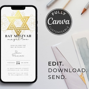 Bat Mitzvah Invitation Template | &#39;Mazel Tov&#39; | Black and White | Gold foil | Digital Party invite | Editable | Animated | Digital Download