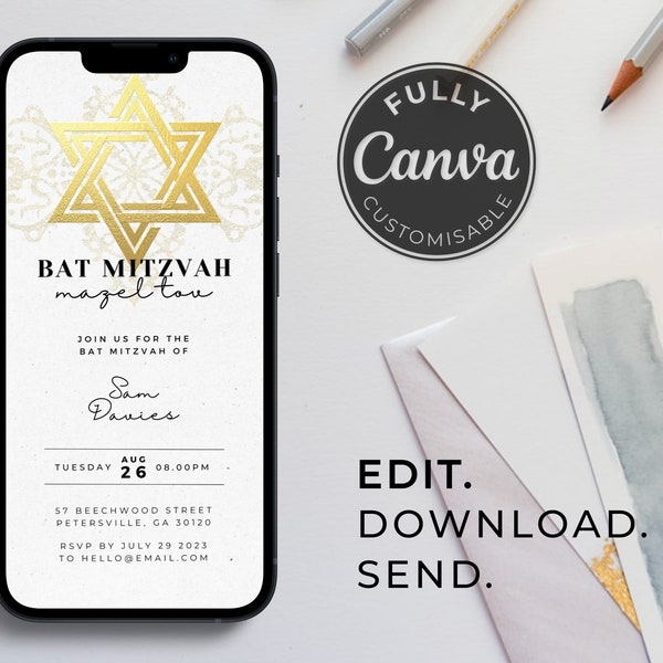 Bat Mitzvah Invitation Template | 'Mazel Tov' | Black and White | Gold foil | Digital Party invite | Editable | Animated | Digital Download