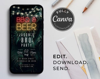 Garden BBQ Party Invitation Template | 'BBQ and Beer' | Botanical | Digital Party Invite | Editable | Animated | Digital Download