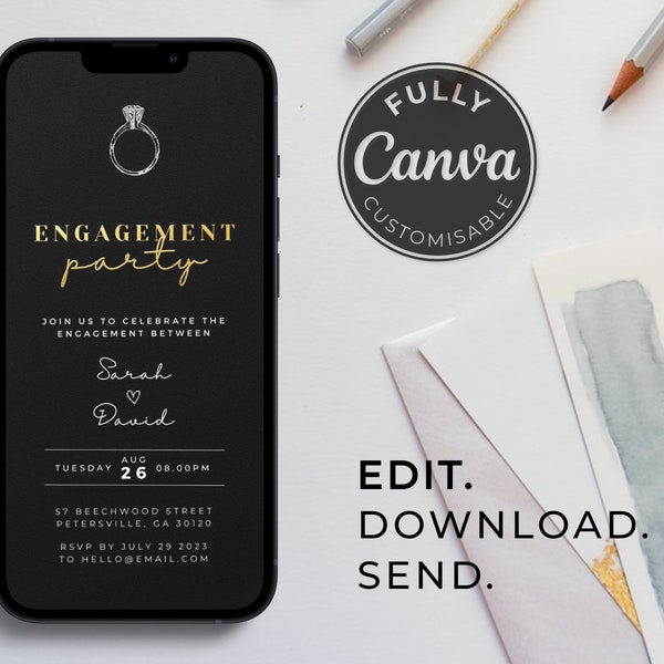 Engagement Party Invitation Template | Black and Gold | Gold foil | Digital Party invite | Editable | Animated | Digital Download