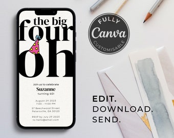 40th Birthday Party Invite Template | &#39;The Big Four Oh&#39; | Bold | Fun | Digital Party Invite | Editable | Animated | Digital Download