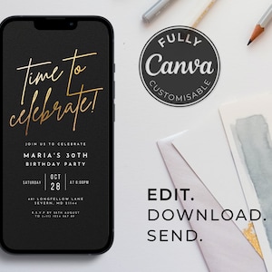Black and Gold Party Invitation Template | Digital Party Invite | &#39;Time to Celebrate&#39; | Editable | Animated | Digital Download
