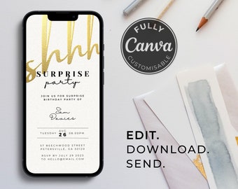 Modèle d'invitation à une fête surprise | Noir et blanc | Feuille d'or | Invitation numérique à une fête | Modifiable | Animé | Téléchargement numérique
