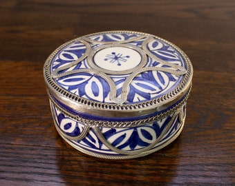 Moroccan Ceramic Blue & White Round Jar/ Box with Silver Work