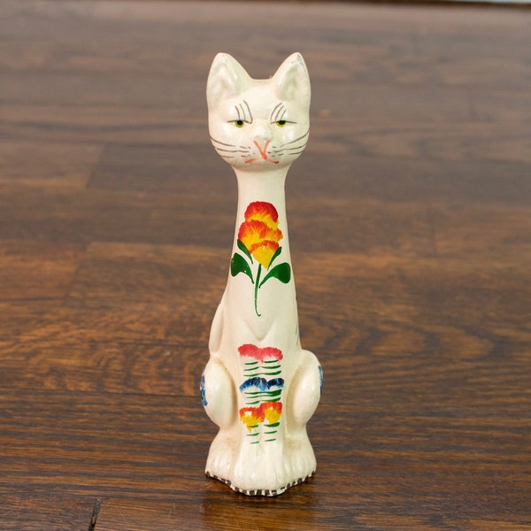 Fait Main Vintage White Cat Figurine with Floral Handpainting