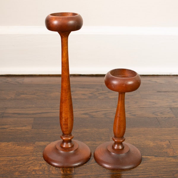 Pair of Vintage Pedestal Turned Wood Pillar Candle Holders