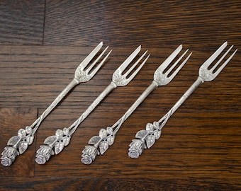 Vintage Hildesheimer German 800 Silver Rose Cake Forks Set of 4