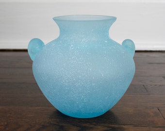 Vintage Blue Satin Scavo Murano Glass Vase Double Handle Seguso Verti D'Arte