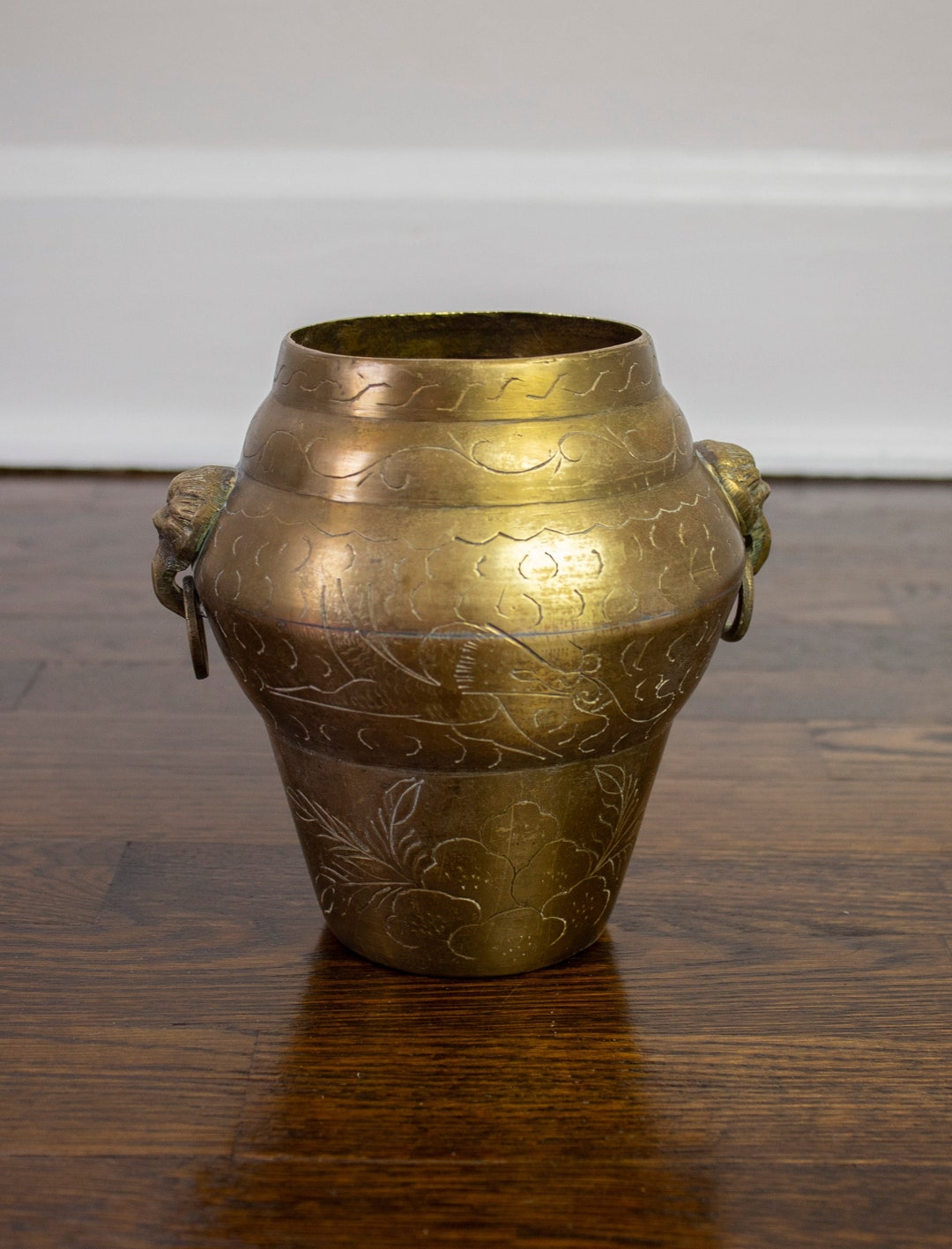 Vintage Brass Engraved Vase With Dragon Head Handles Etsy