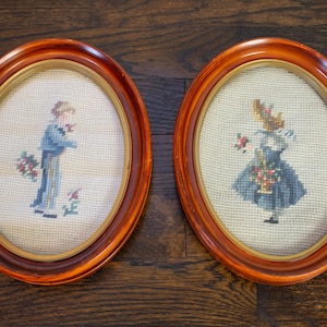 Vintage Pair of Needlepoint Courting Couple in Oval Frames