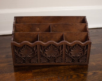 Vintage Faux Carved Wood Lerner Divided Desk Organizer