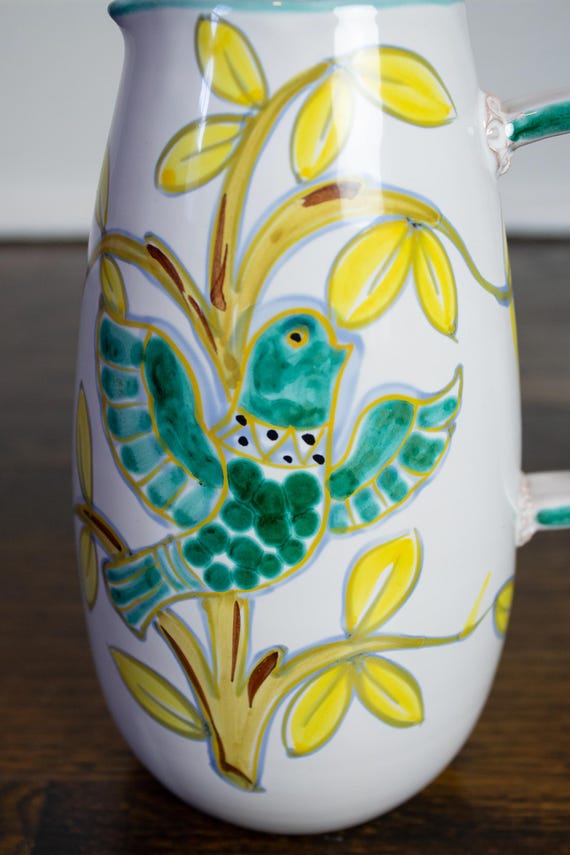ヴィンテージ イタリア製 陶器 花瓶 ピッチャー 手描き 鳥 鳩 9012