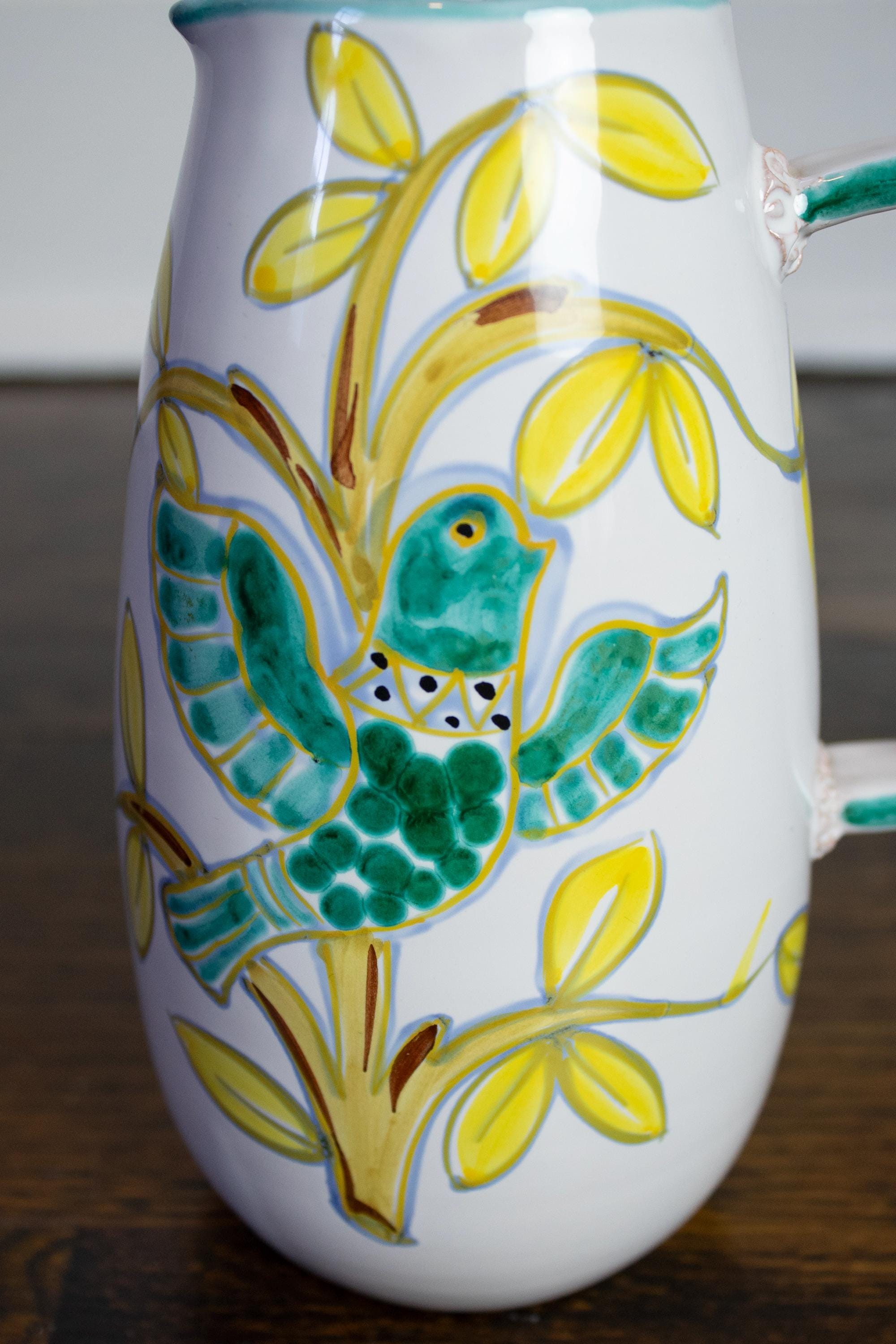 ヴィンテージ イタリア製 陶器 花瓶 ピッチャー 手描き 鳥 鳩 9012