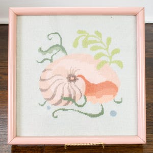 Vintage Sea Shell Framed Pink & Green Square-Framed Needlepoint