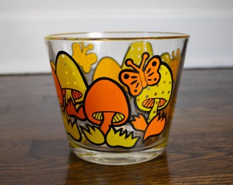 1970s Vintage Groovy Mushroom & Butterflies Glass Ice Bucket