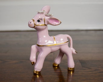 Vintage Donkey Pink Ceramic Figurine with Gold Harness & Flowers