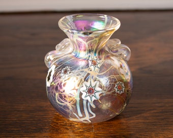 Herb A. Thomas Iridescent Bud Vase with Millefiori and Applied Handles 3.75"