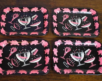 Vintage 1950s Hazel Atlas Pink Bubbly Elephants Tin Cocktail Snack Trays Set of 4
