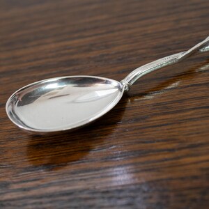 May include: A silver spoon with an oval bowl and a decorative handle. The handle features a floral design at the end. The spoon is set against a dark wood surface, highlighting its polished finish. This spoon is ideal for serving or eating.
