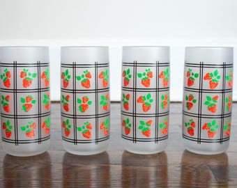 Vintage Anchor Hocking Frosted Erdbeer Trinkgläser Becher 4er Set
