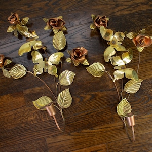 Vintage Pair of Brass & Copper Candle Wall Sconces with Butterflies and Flowers