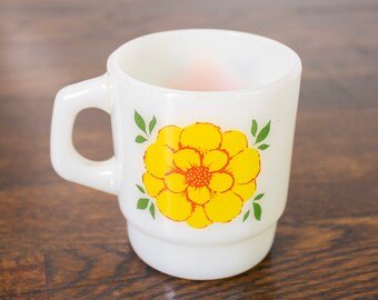 Vintage Anchor Hocking Fire King Daybreaker Double Flower Yellow & Orange Milk Glass Stackable Mug