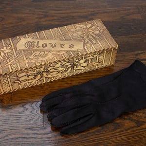 Antique Wizard Pyrography Wooden Glove Box by L.F. Grammes & Sons with Women&#39;s Black Gloves