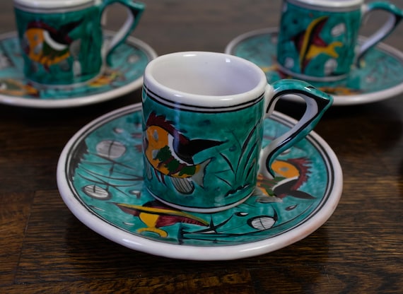 Vintage Ikaros Pottery Nautical Fish Espresso Mug & Saucer Made in