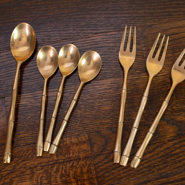 Vintage Brass Bamboo Thai Flatware - Teaspoons, Appetizer Forks, Dessert Spoon